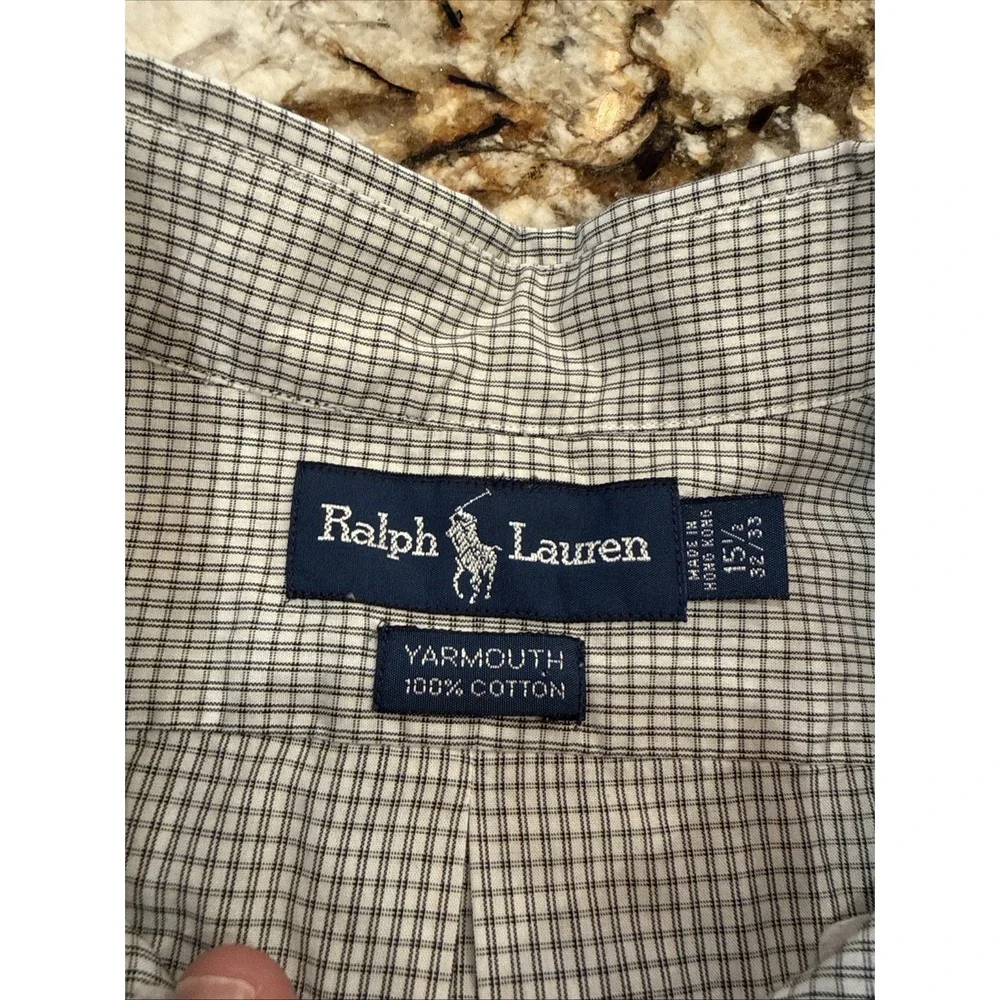 Men's Ralph Lauren Polo  Button Up Long Sleeve Preppy White Black Checked 15 1/2 - Picture 6 of 8